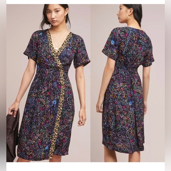 Anthropologie Dresses & Skirts - Anthropologie Maeve Morgan black floral leopard print button dress. Size 6